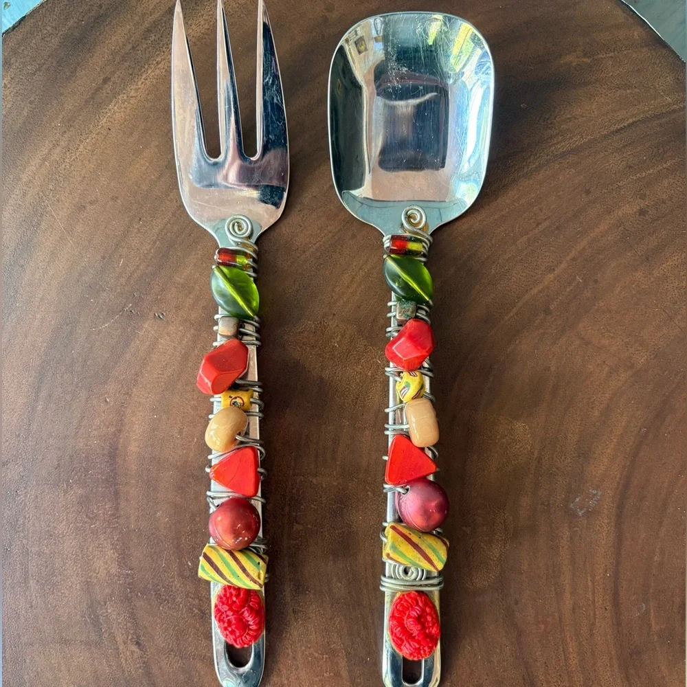 Handcrafted Beaded Serving Set - Orange, Gold, Red and Green - Picture 2 of 7